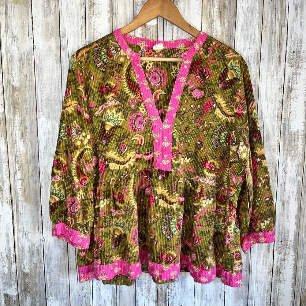 Ivy Jane Green & Pink Kantha Stitch Peplum Top - Picture 2 of 6